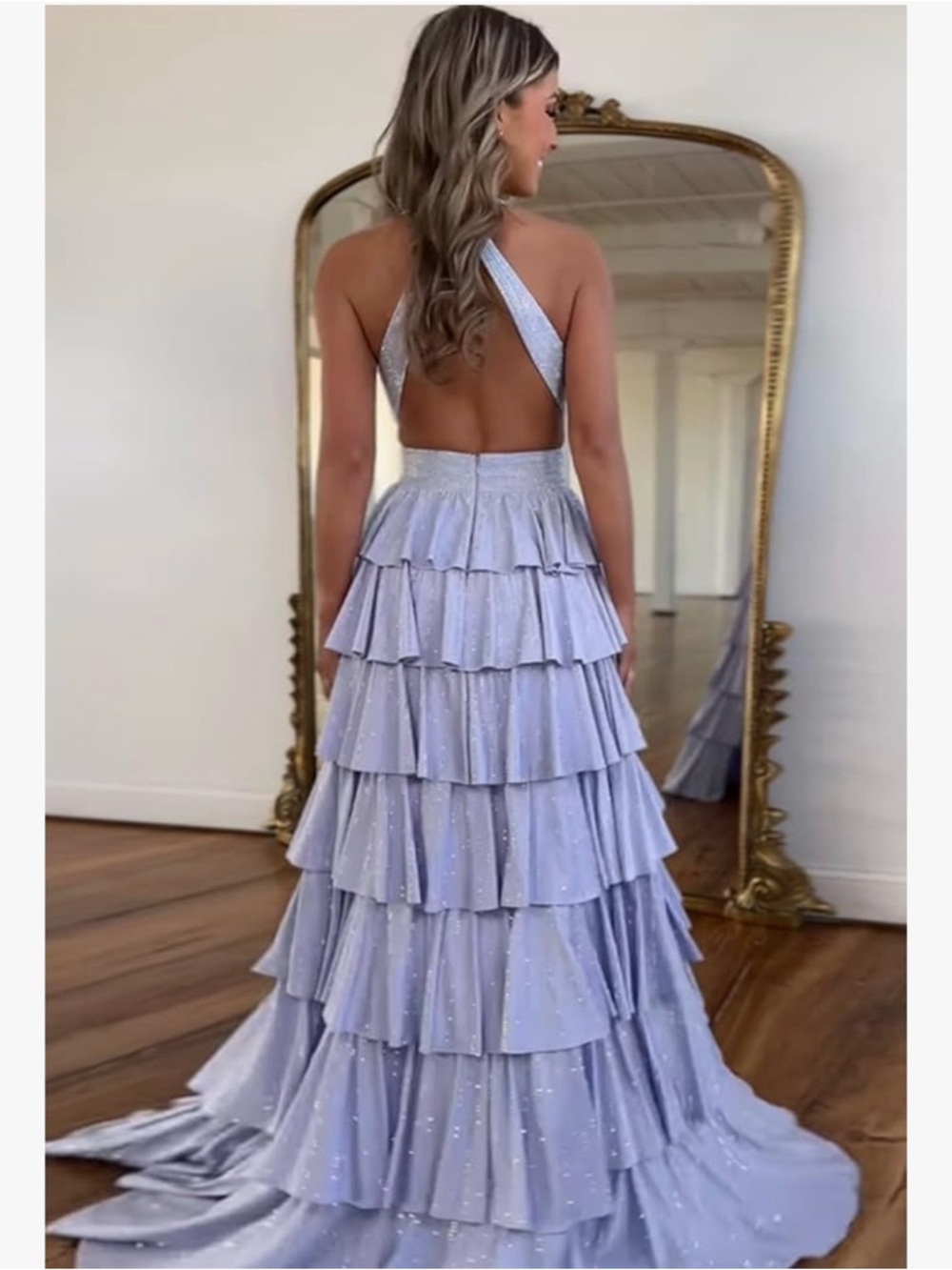 NWT Deep V-Neck Royal Blue Tiered Ruffle Maxi Dress with high slit - Picture 2 of 5